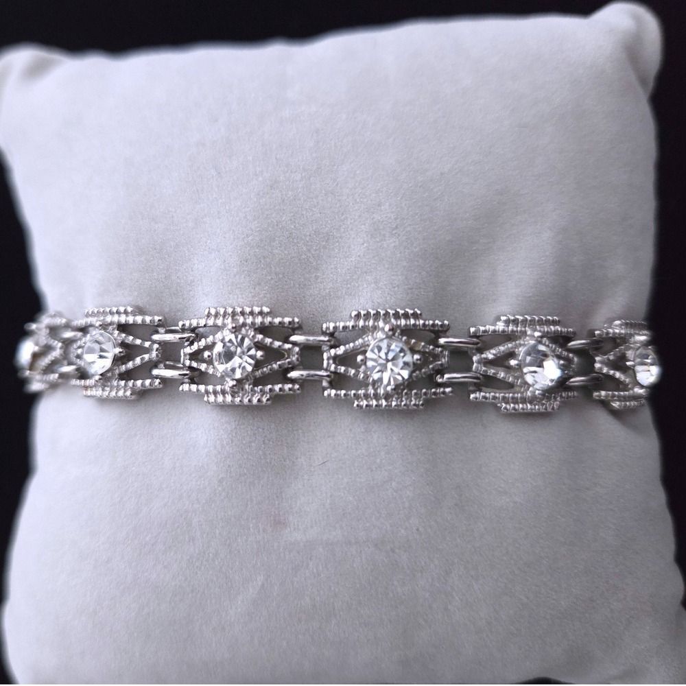 VTG Art Deco Silver Tone Geometric Rhinestone Link‎ Tennis Bracelet 7.5 Inch